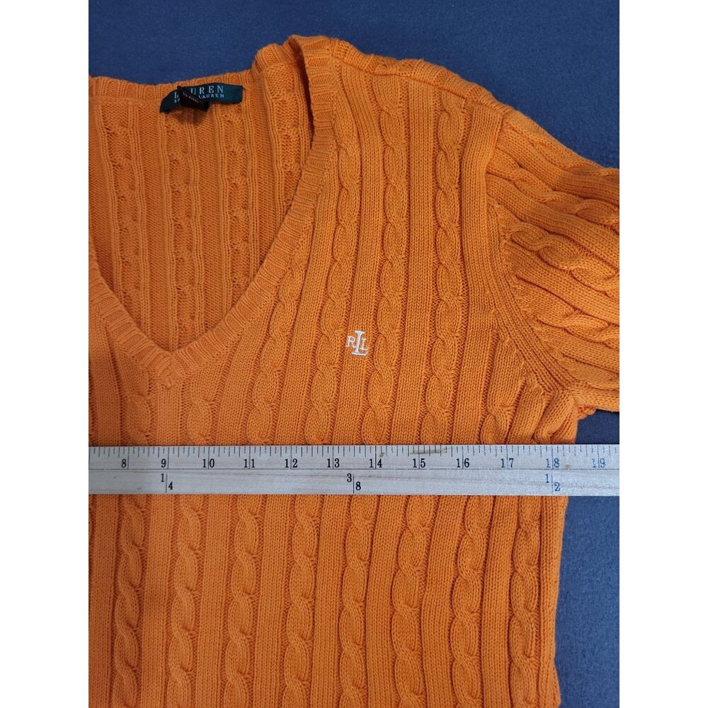 Lauren Ralph Lauren LG V Neck Cable Knit Sweater Tennis Preppy Academia Orange - Picture 5 of 6